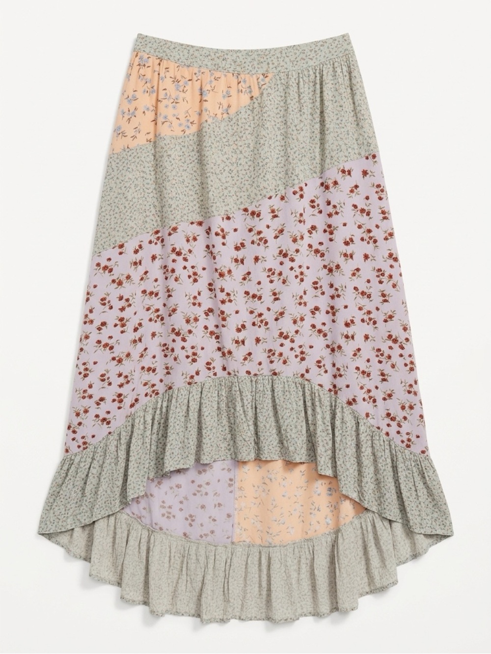 Patchwork Floral High-Low Maxi Skirt - Pink/Peach